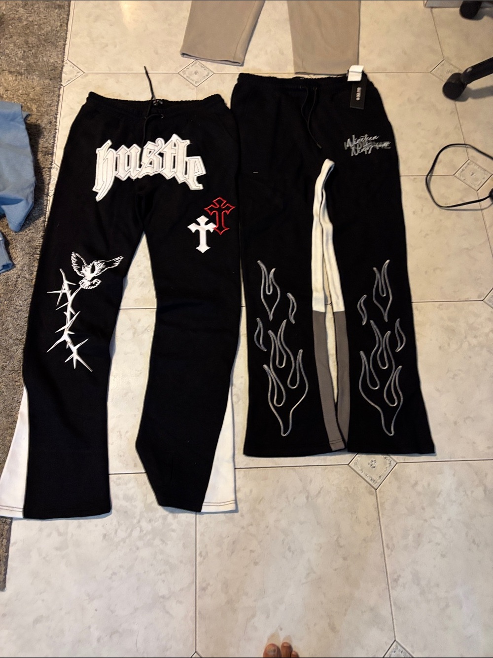 Black Graphic Men's  Slim Stacked Joggers with Flame and 'Hustle' Artwork